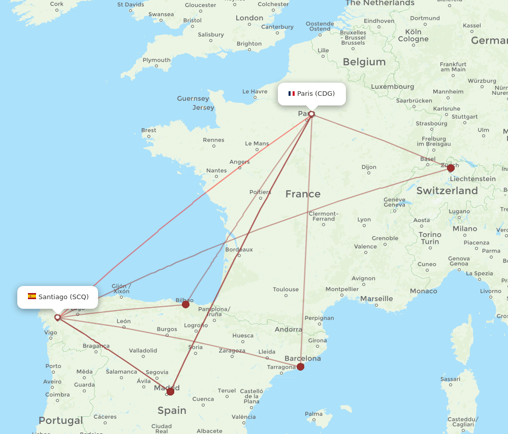 CDG-SCQ flight routes