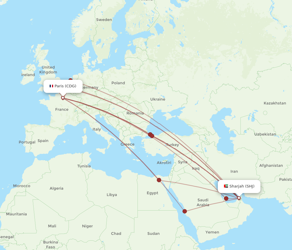 CDG to SHJ flights and routes map