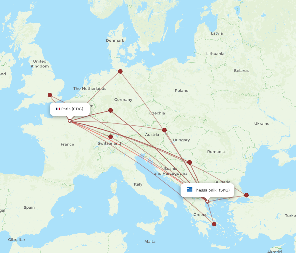 CDG to SKG flights and routes map
