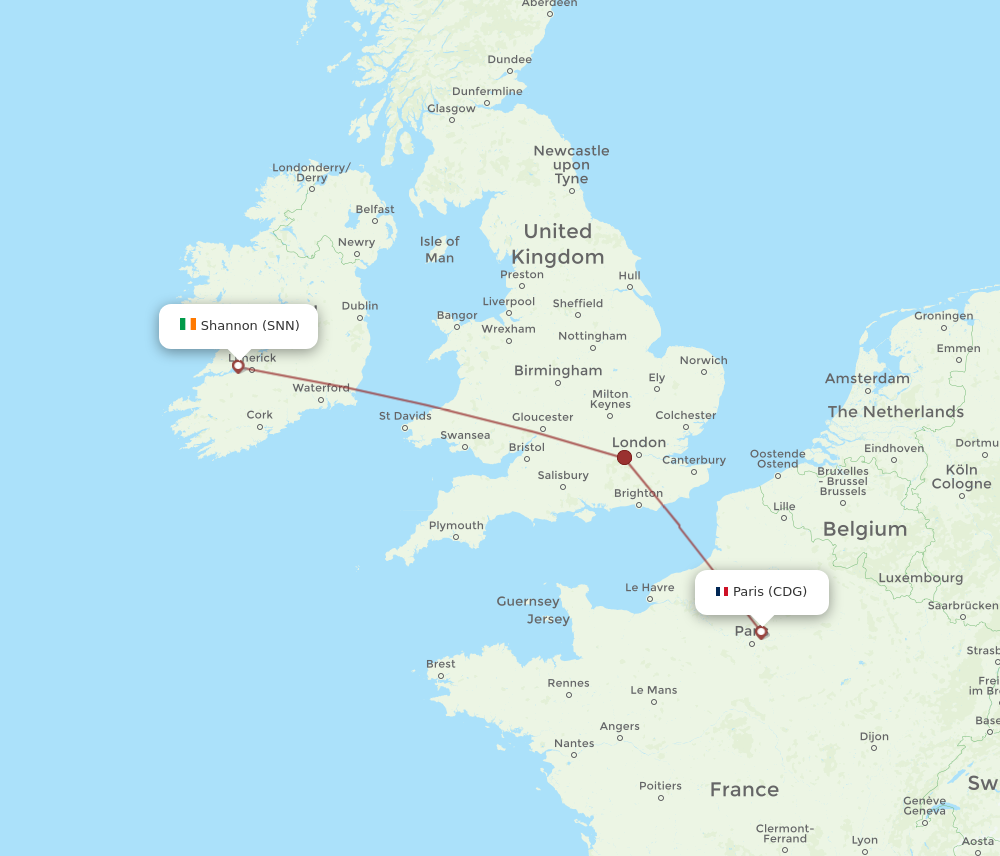 CDG to SNN flights and routes map