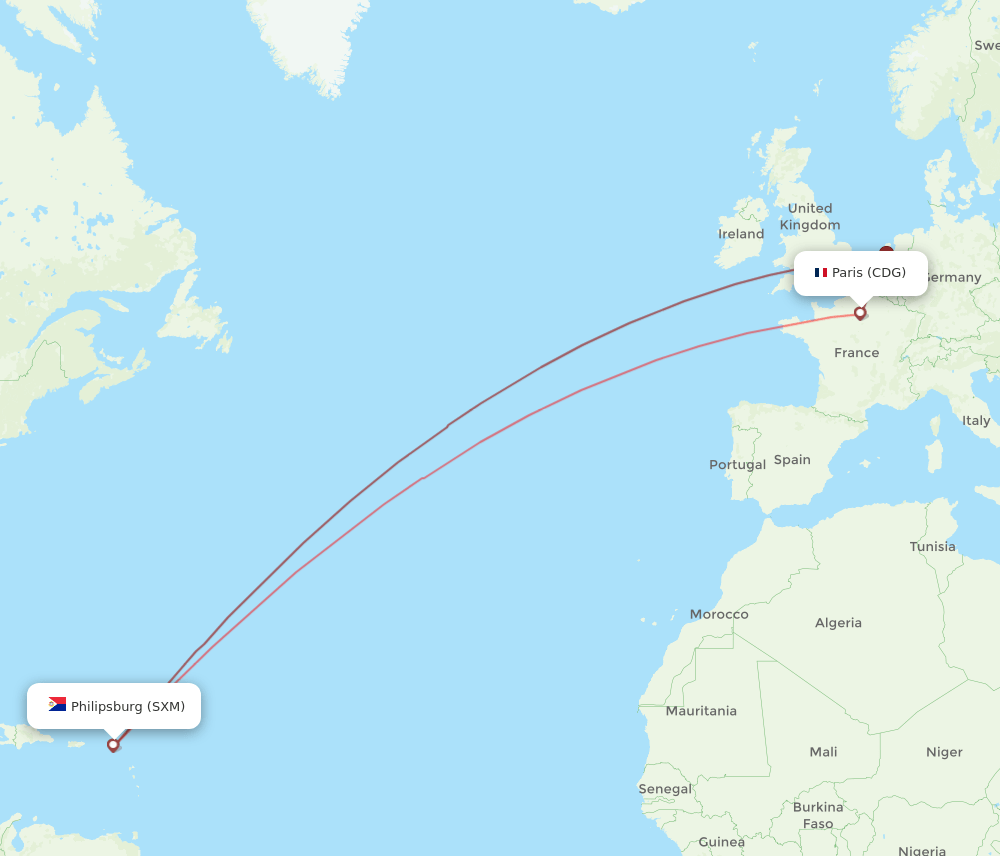 CDG-SXM flight routes