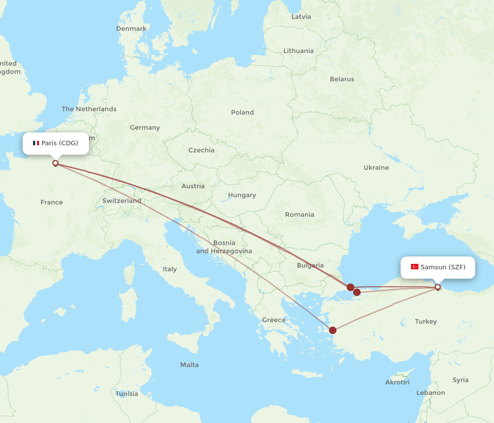 CDG-SZF flight routes