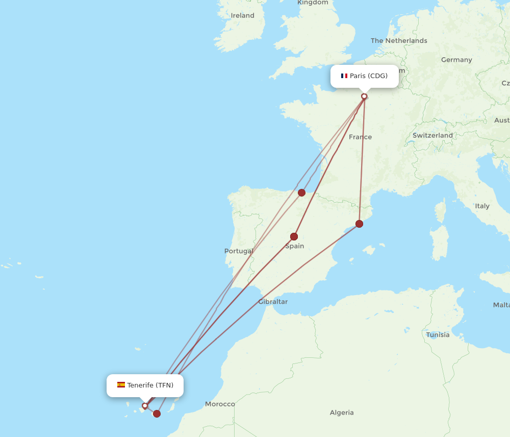 CDG to TFN flights and routes map