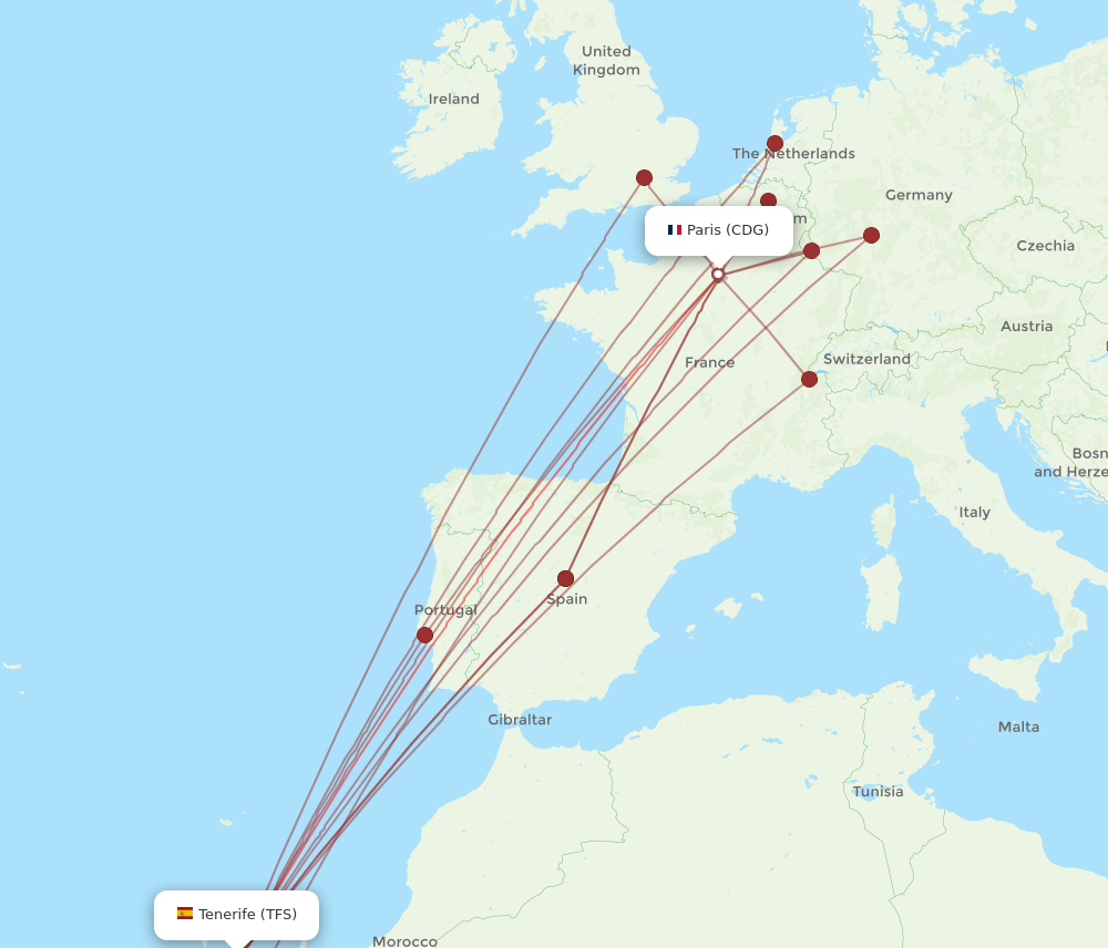 CDG to TFS flights and routes map