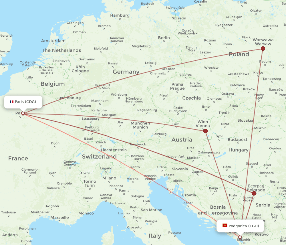 CDG-TGD flight routes