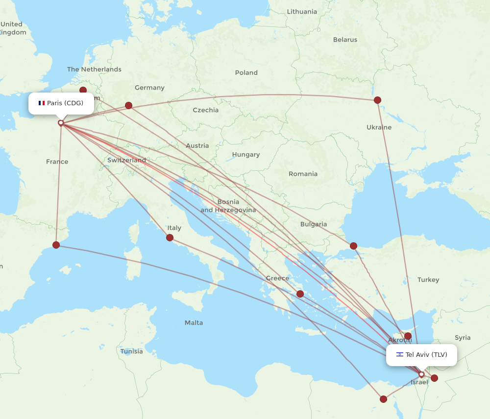 CDG to TLV flights and routes map