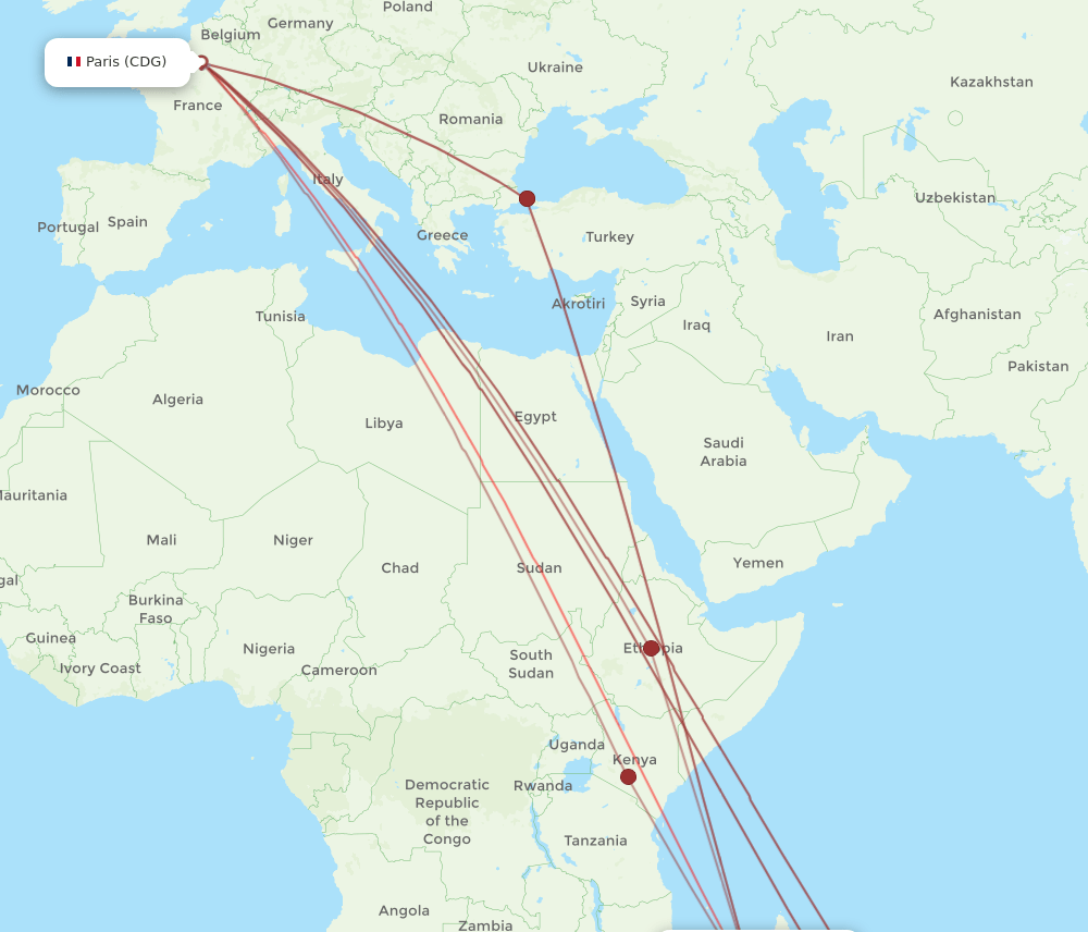 CDG to TNR flights and routes map