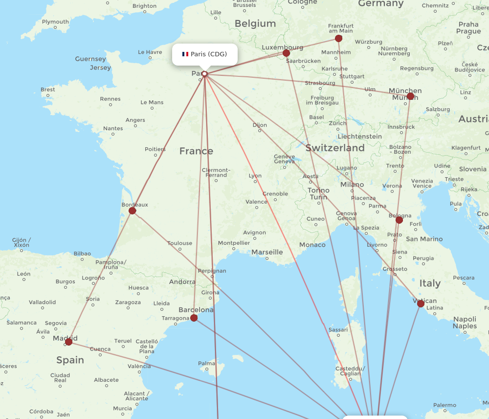 CDG to TUN flights and routes map