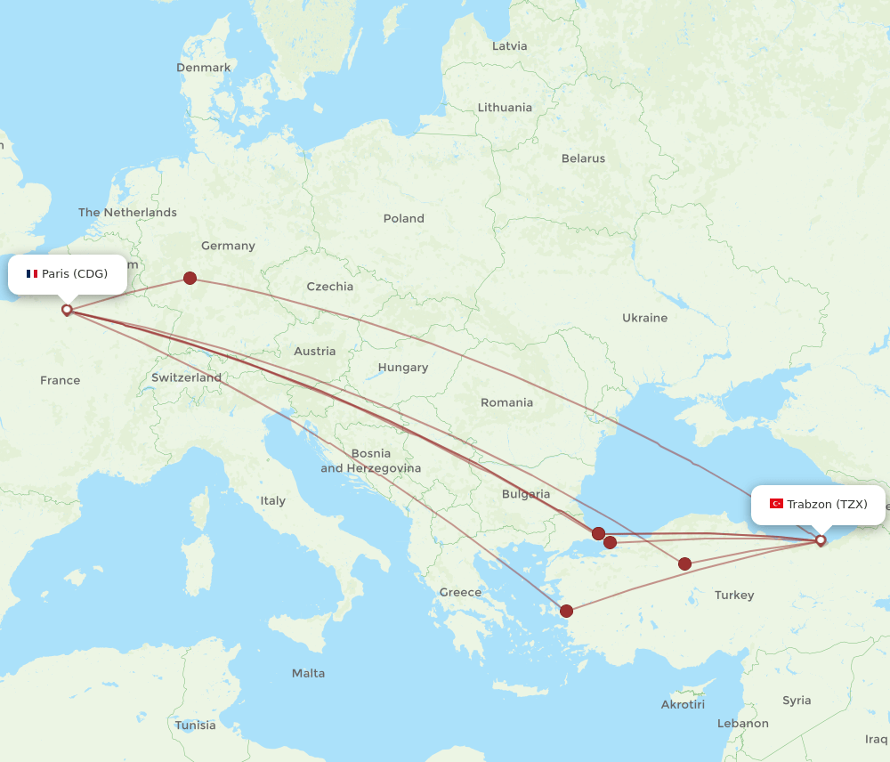 CDG-TZX flight routes