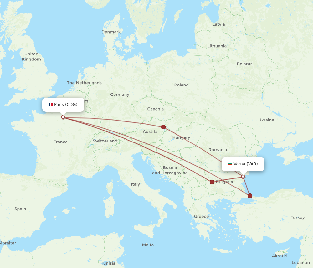 CDG to VAR flights and routes map