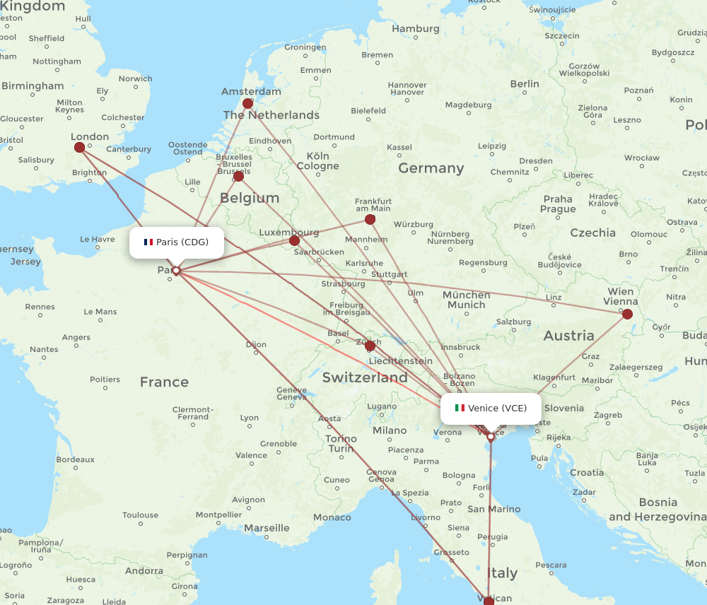 CDG to VCE flights and routes map