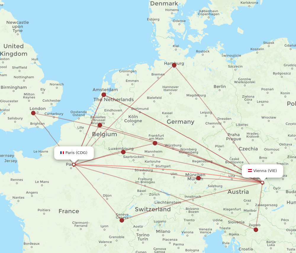 CDG to VIE flights and routes map