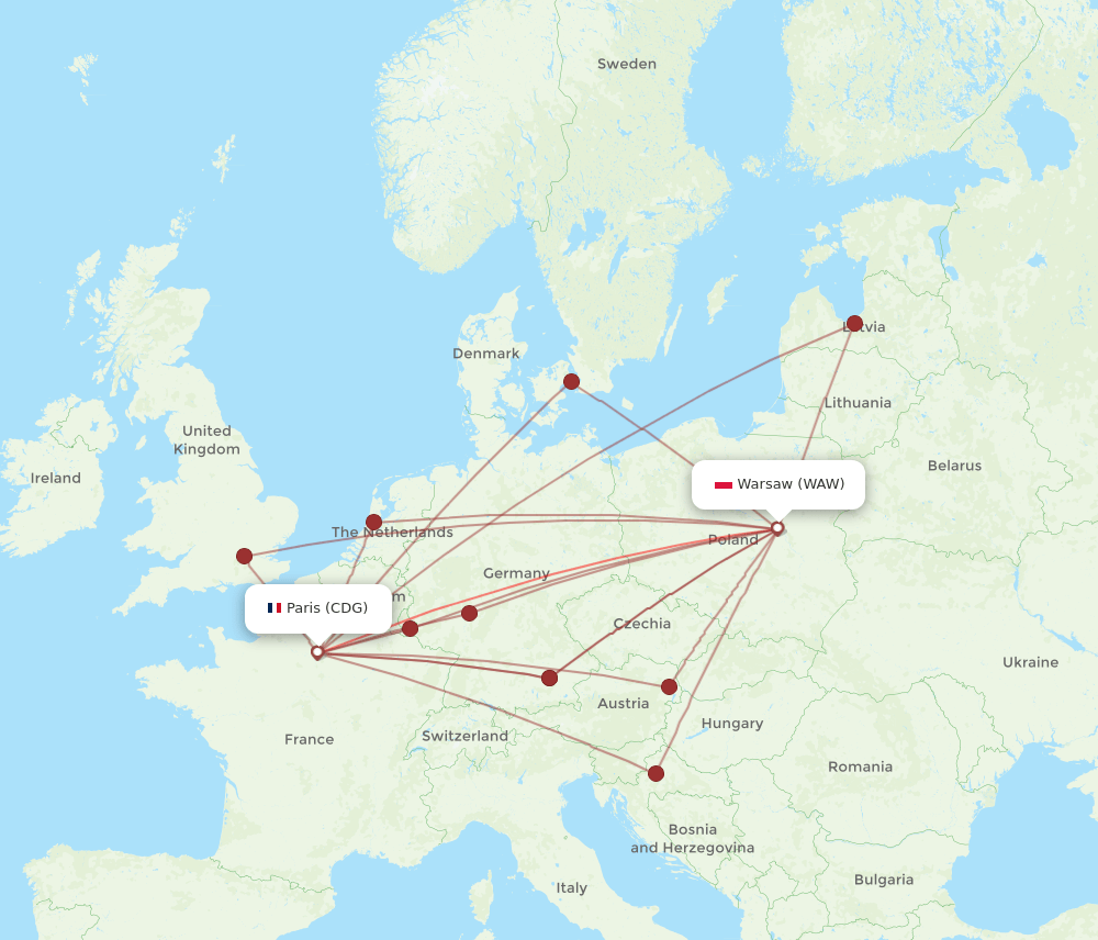 CDG to WAW flights and routes map
