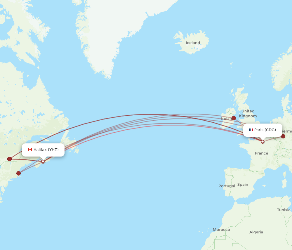 CDG to YHZ flights and routes map