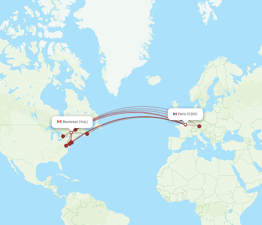 CDG to YUL flights and routes map