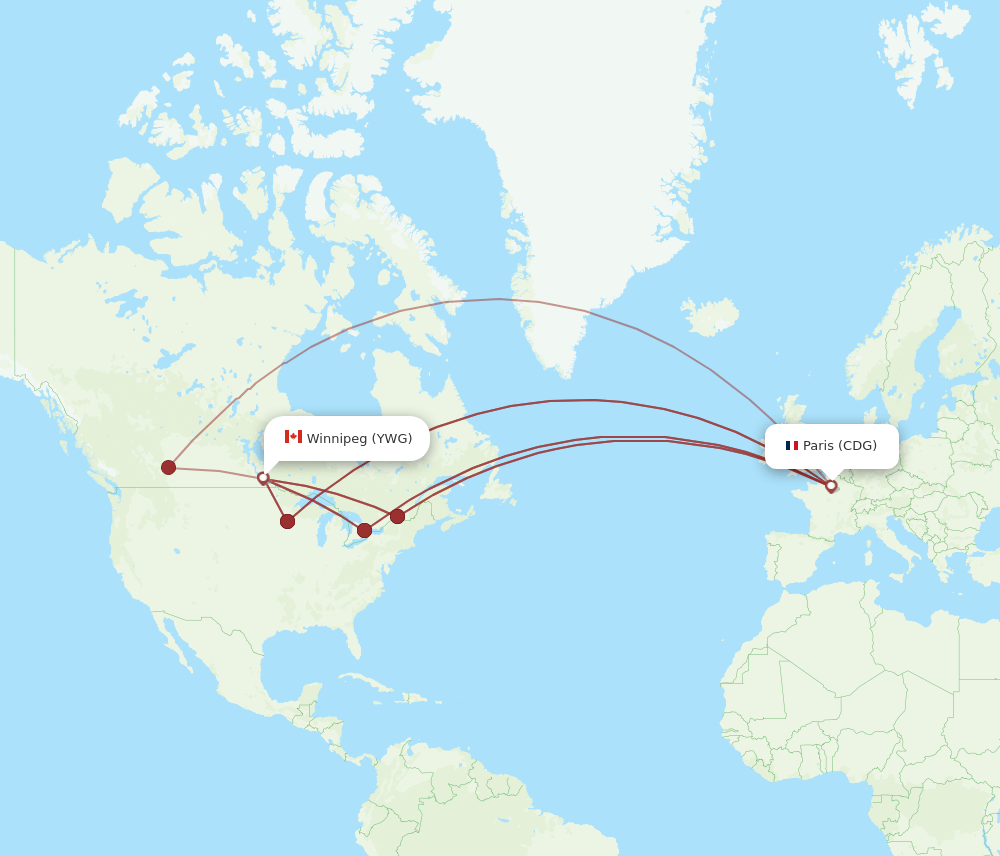 Winnipeg - Paris route map and flight paths