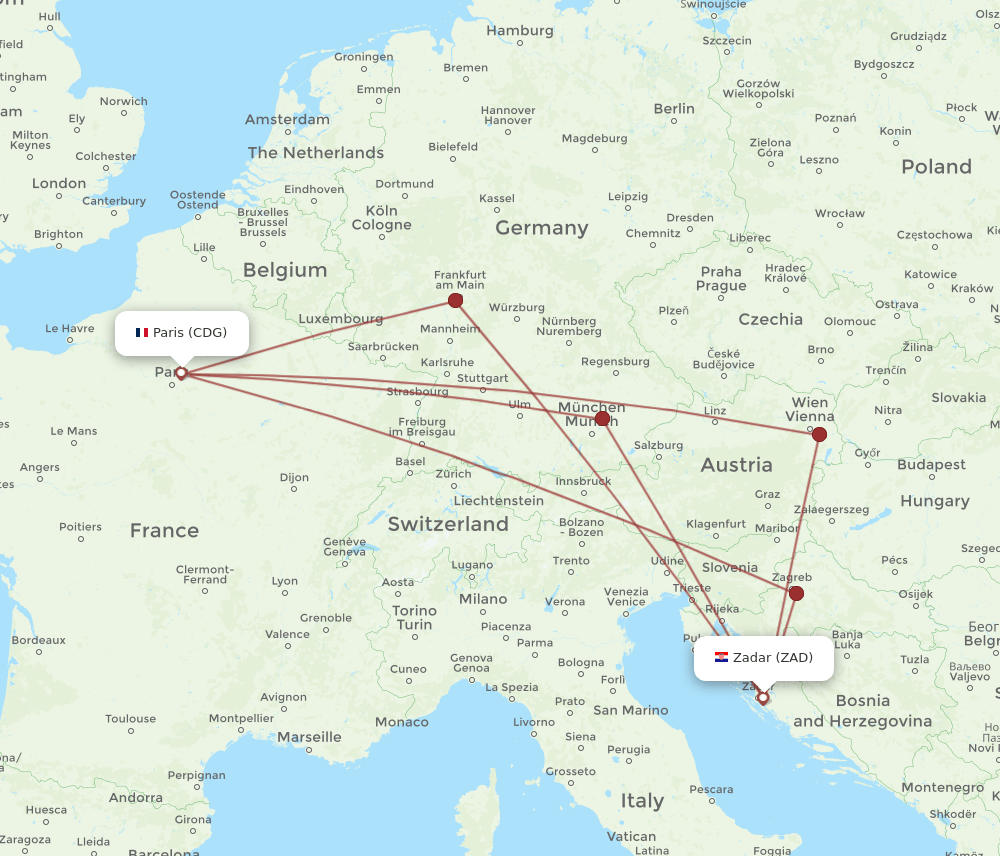 CDG-ZAD flight routes