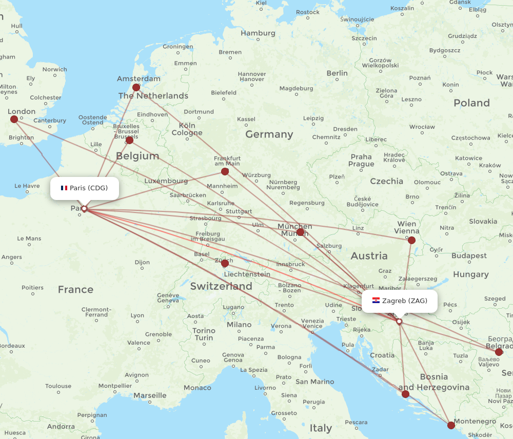 CDG to ZAG flights and routes map