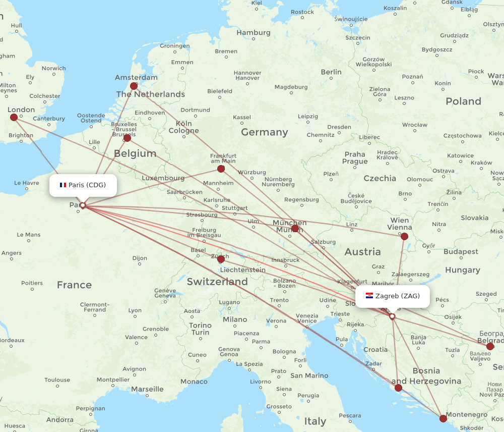 CDG-ZAG flight routes
