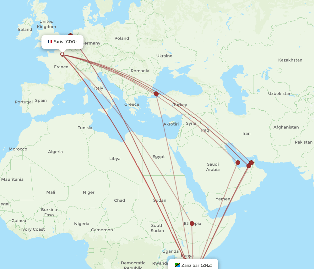 CDG-ZNZ flight routes