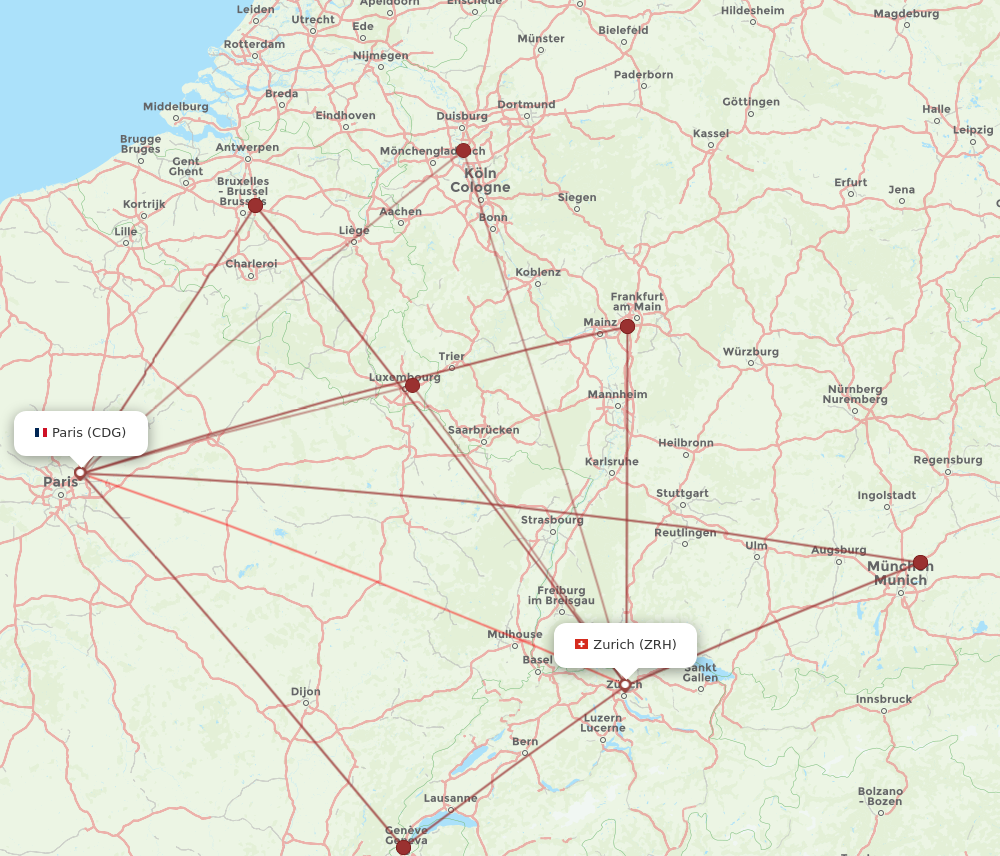 CDG to ZRH flights and routes map