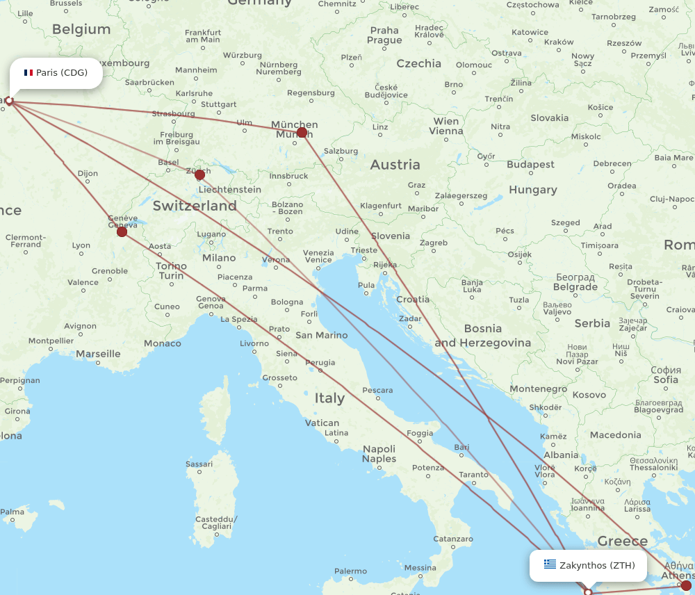 CDG to ZTH flights and routes map