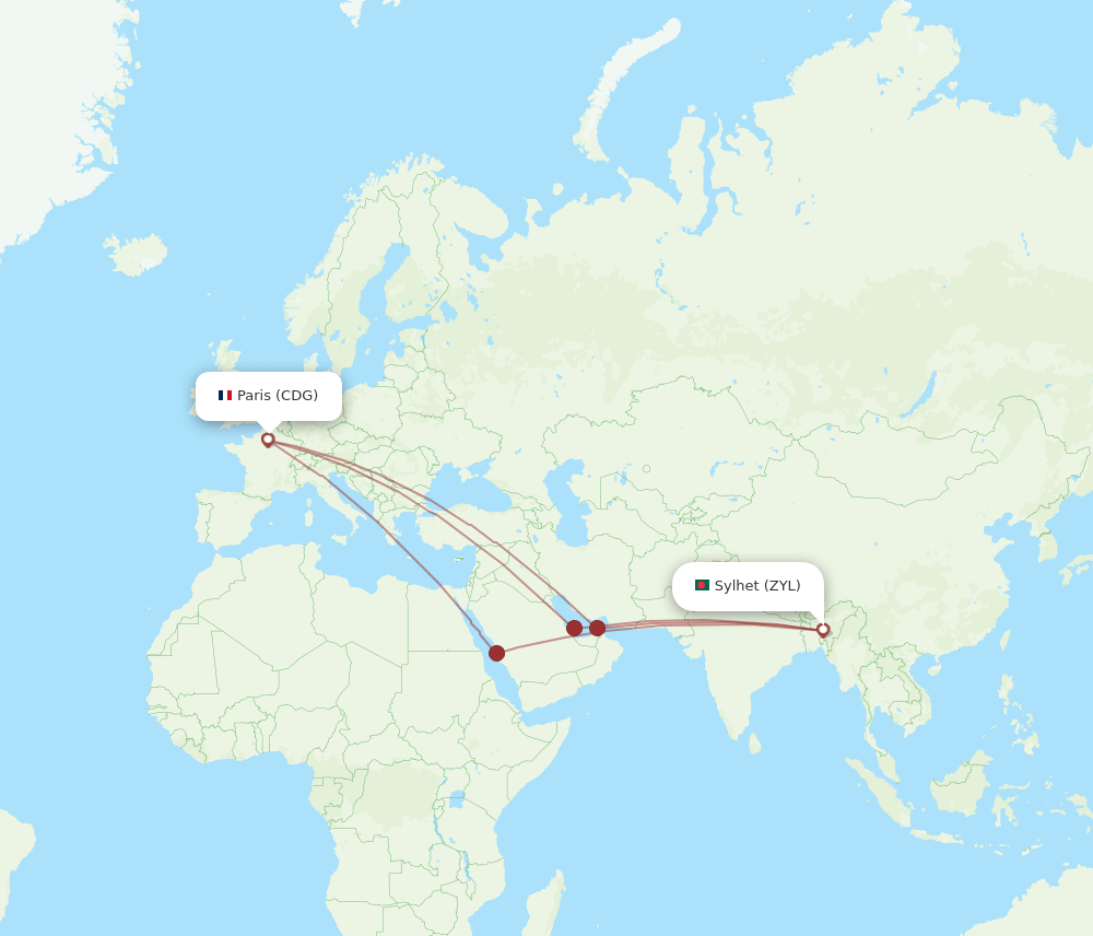 CDG-ZYL flight routes