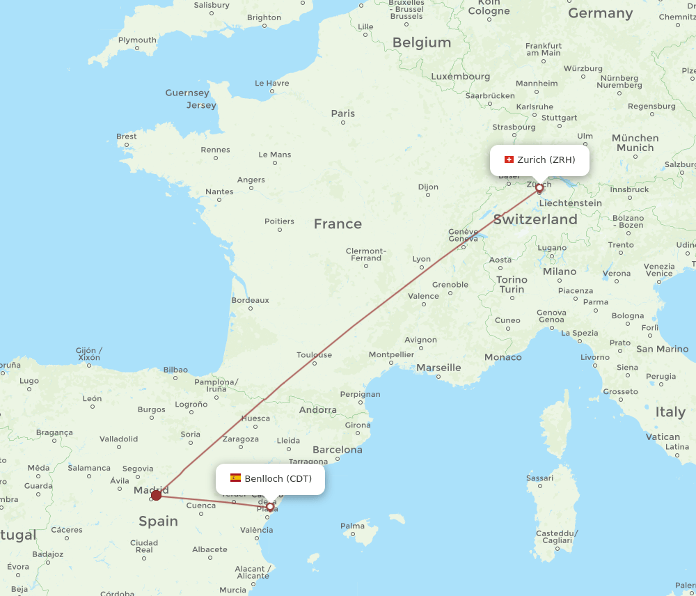 Zurich - Benlloch route map and flight paths