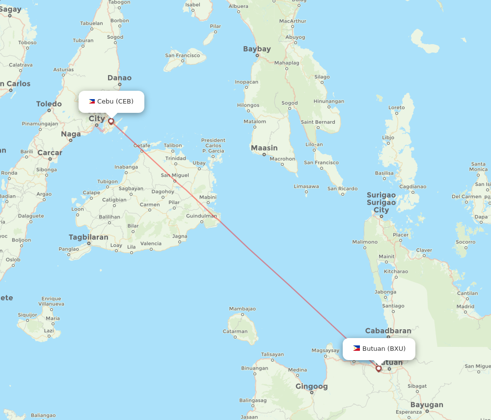 CEB to BXU flights and routes map