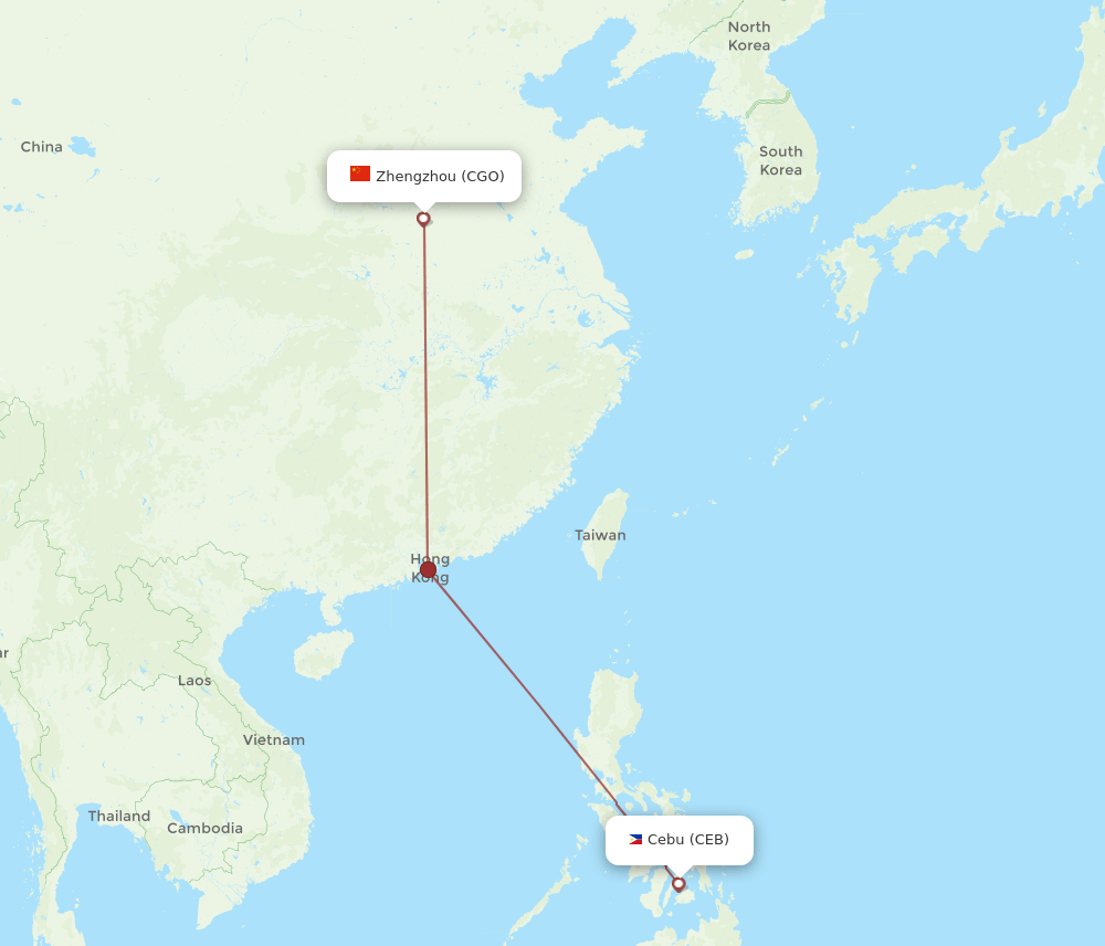 Zhengzhou - Cebu City route map and flight paths