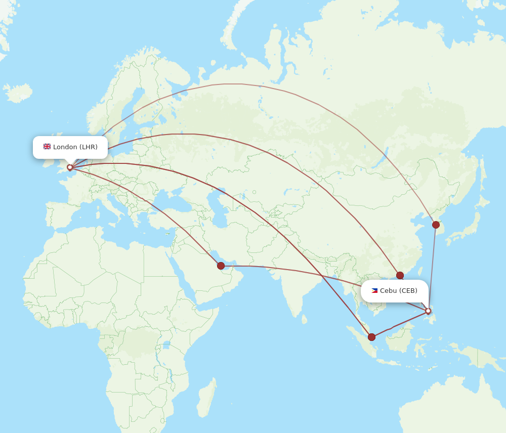 CEB to LHR flights and routes map