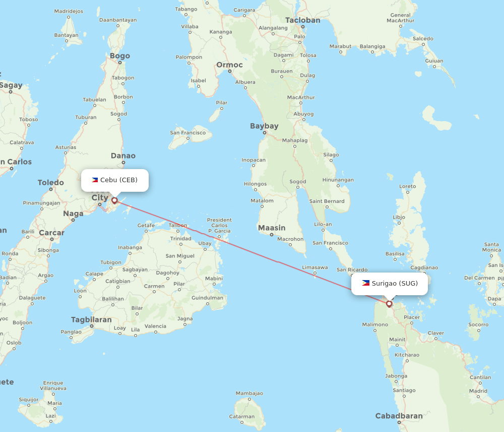 Cebu City - Surigao route map and flight paths