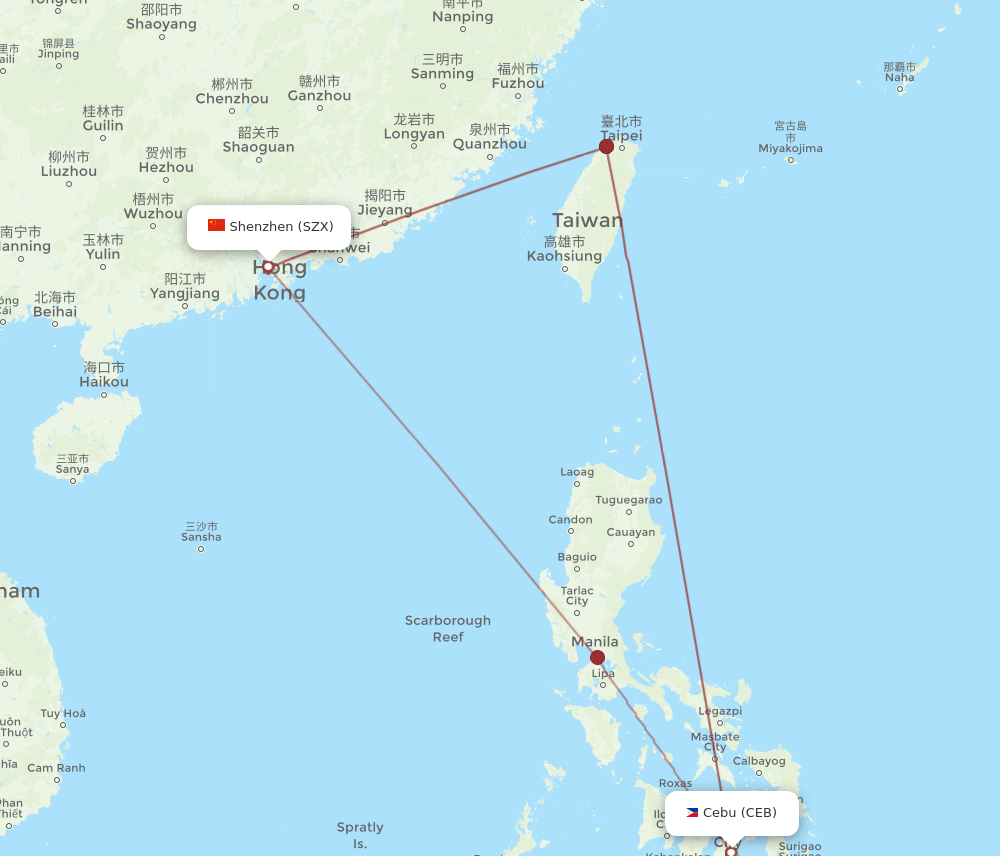 CEB to SZX flights and routes map