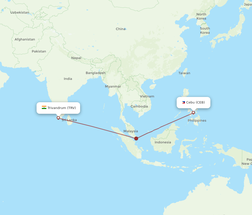 CEB to TRV flights and routes map