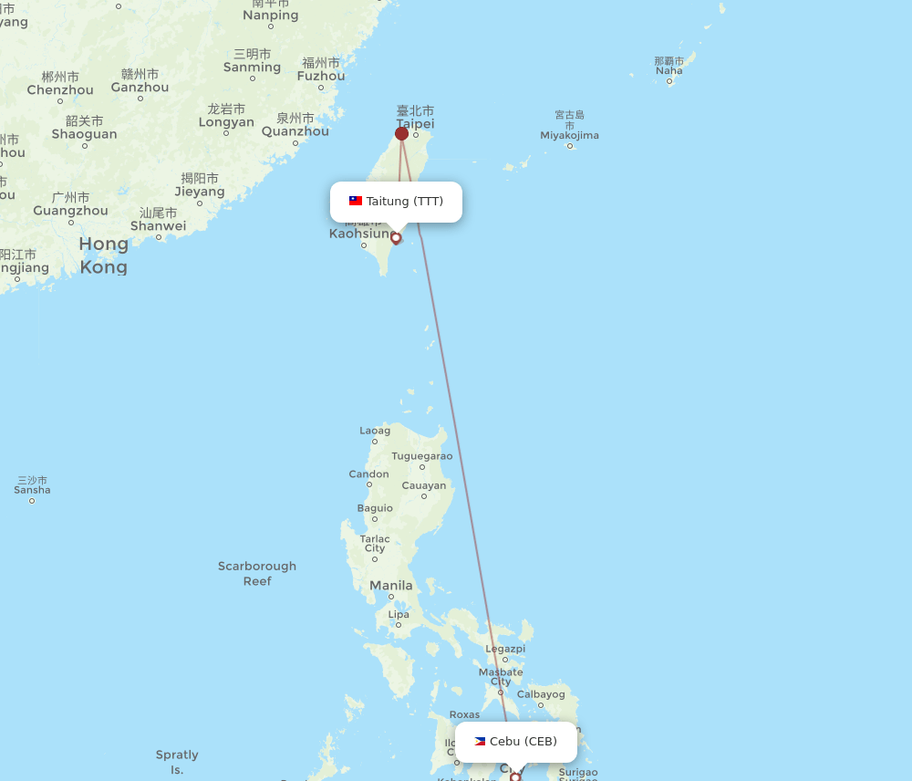 Taitung City - Cebu City route map and flight paths