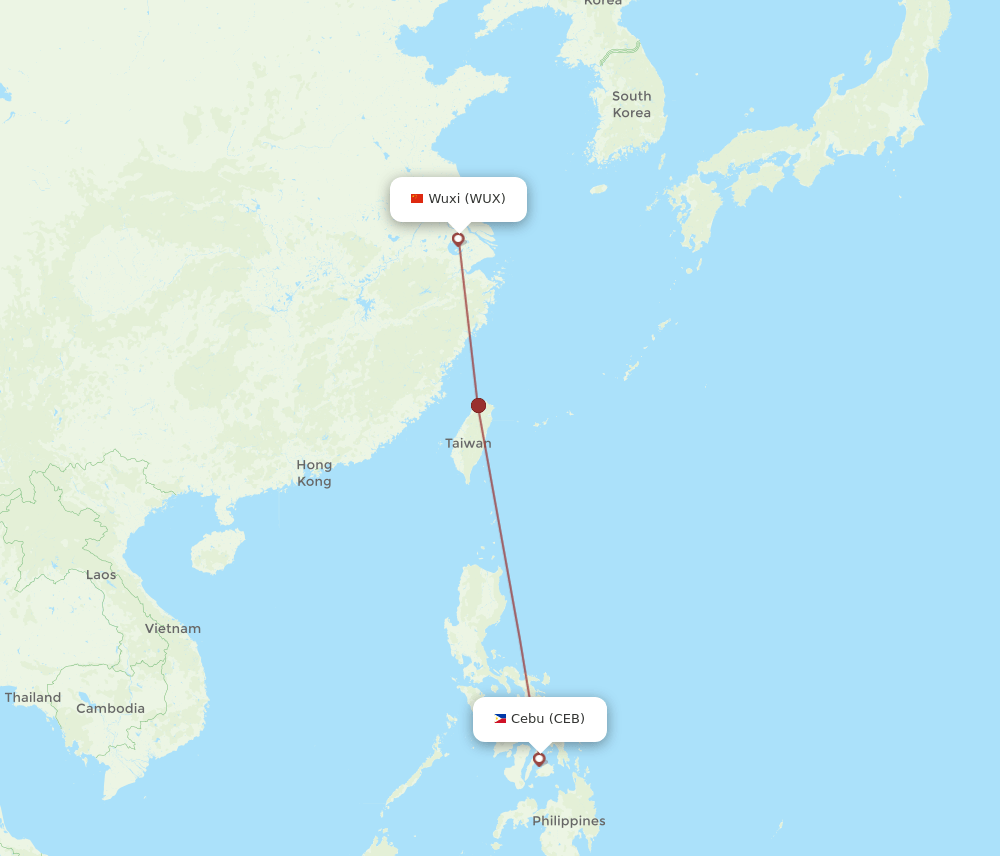 Cebu City - Wuxi route map and flight paths