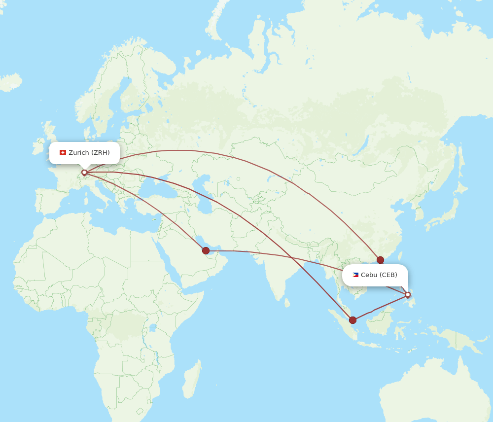 Zurich - Cebu City route map and flight paths