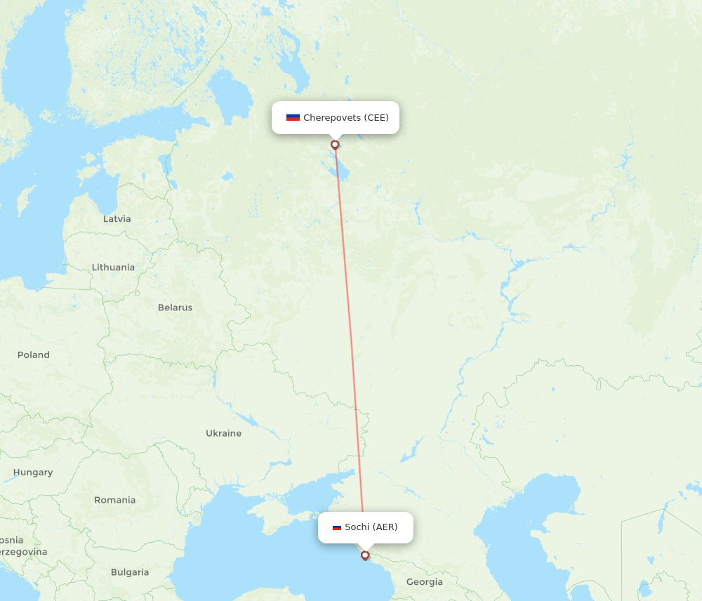 Cherepovets - Adler/Sochi route map and flight paths