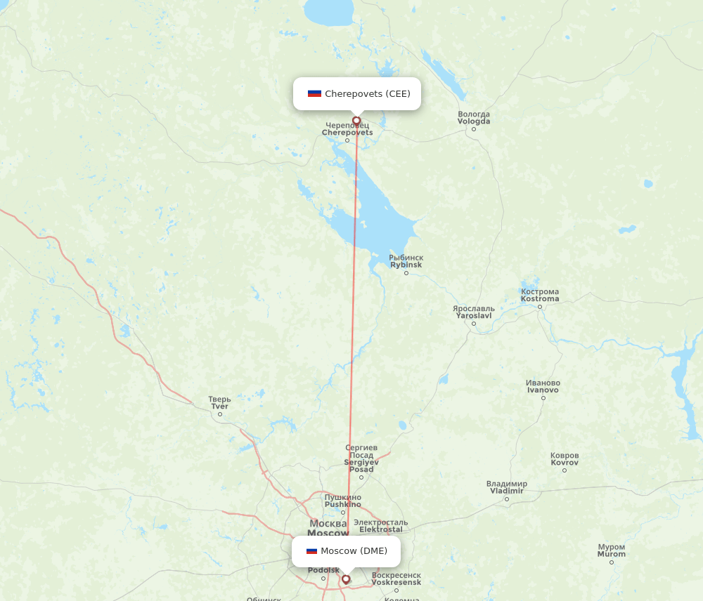 Cherepovets - Moscow route map and flight paths