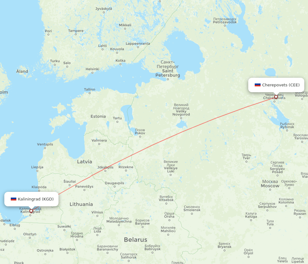 Cherepovets - Kaliningrad route map and flight paths