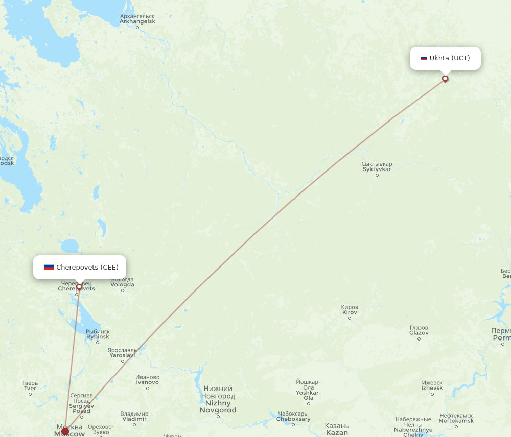 Ukhta - Cherepovets route map and flight paths