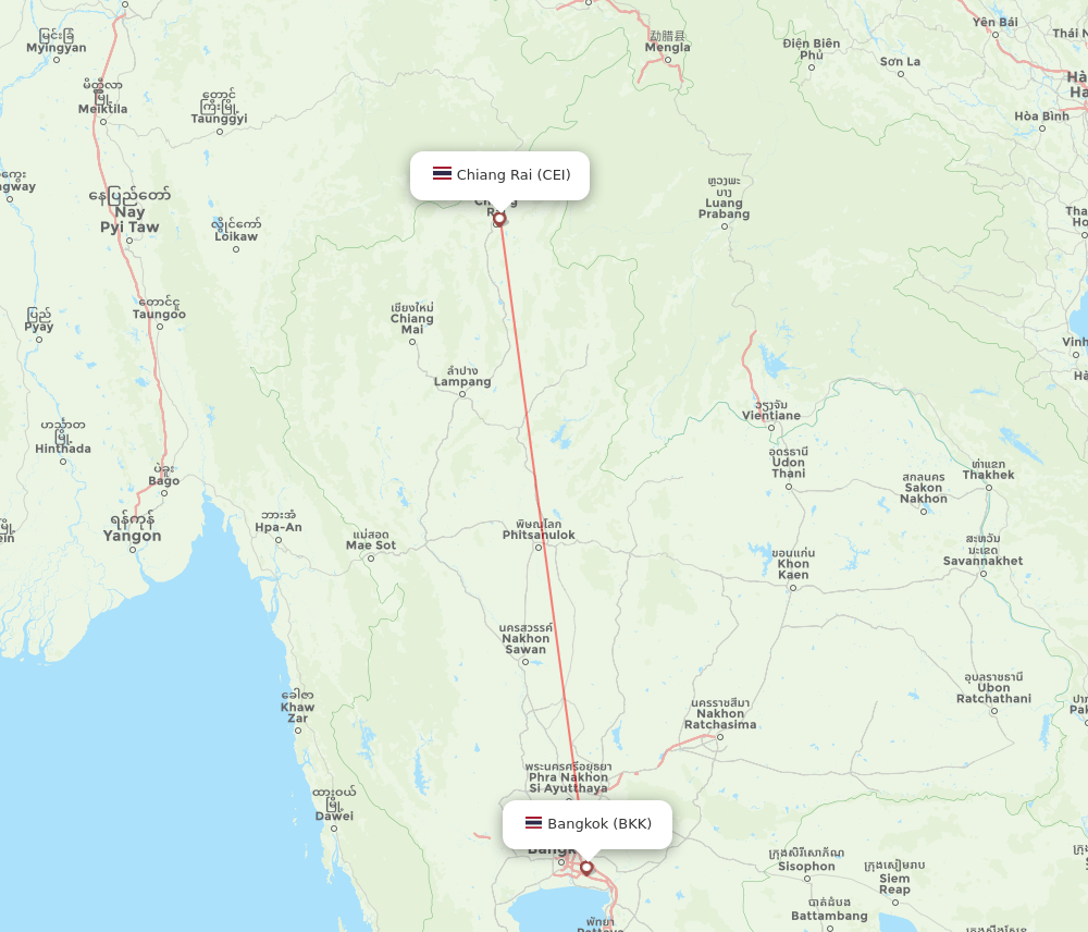 Chiang Rai - Bangkok route map and flight paths
