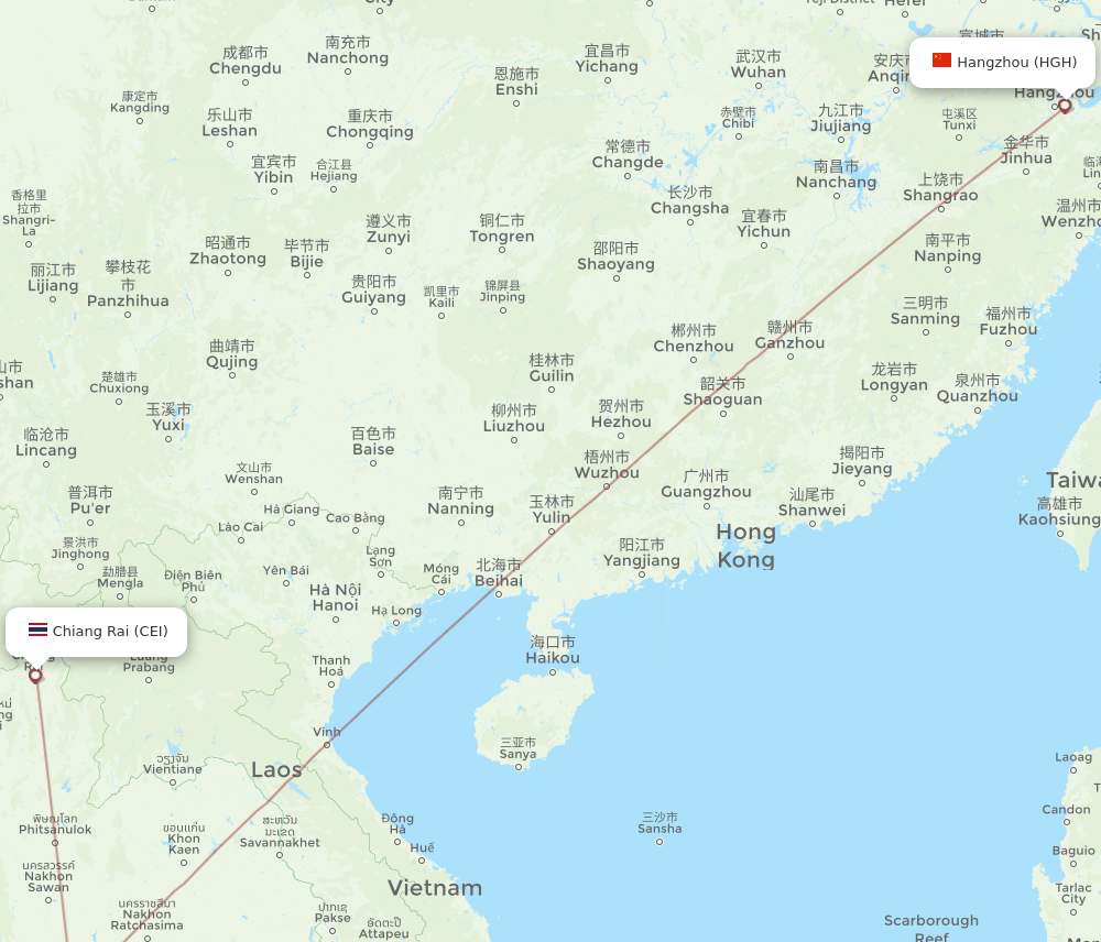 Hangzhou - Chiang Rai route map and flight paths