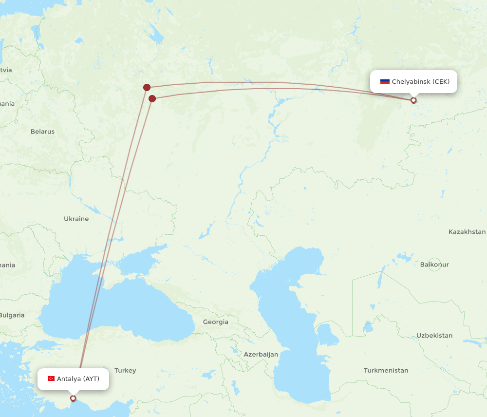 CEK to AYT flights and routes map
