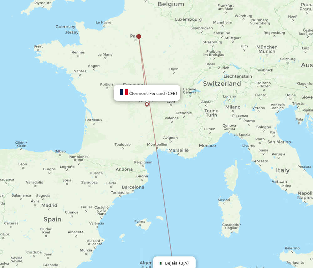 CFE to BJA flights and routes map