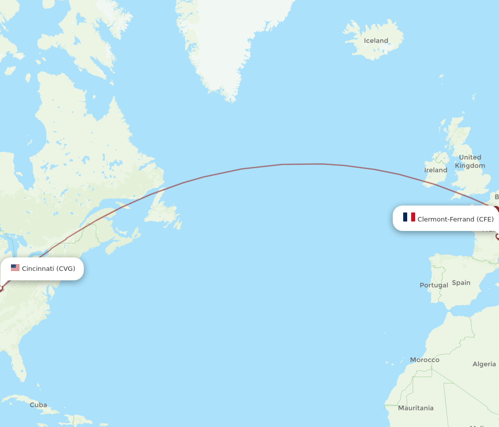 Cincinnati - Clermont-Ferrand route map and flight paths