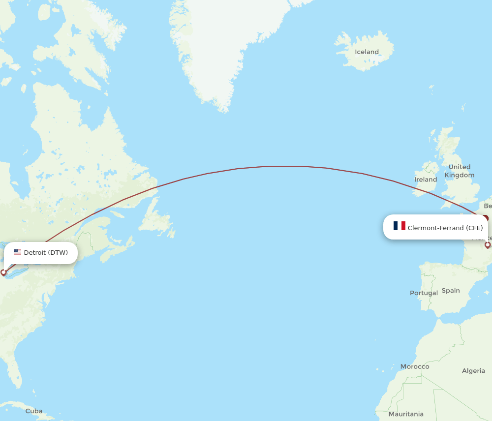 DTW to CFE flights and routes map