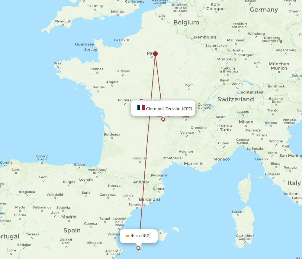 Ibiza - Clermont-Ferrand route map and flight paths
