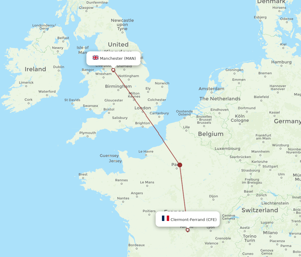 CFE to MAN flights and routes map