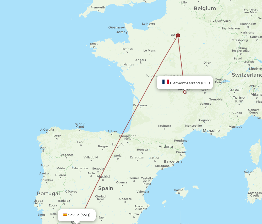 CFE to SVQ flights and routes map